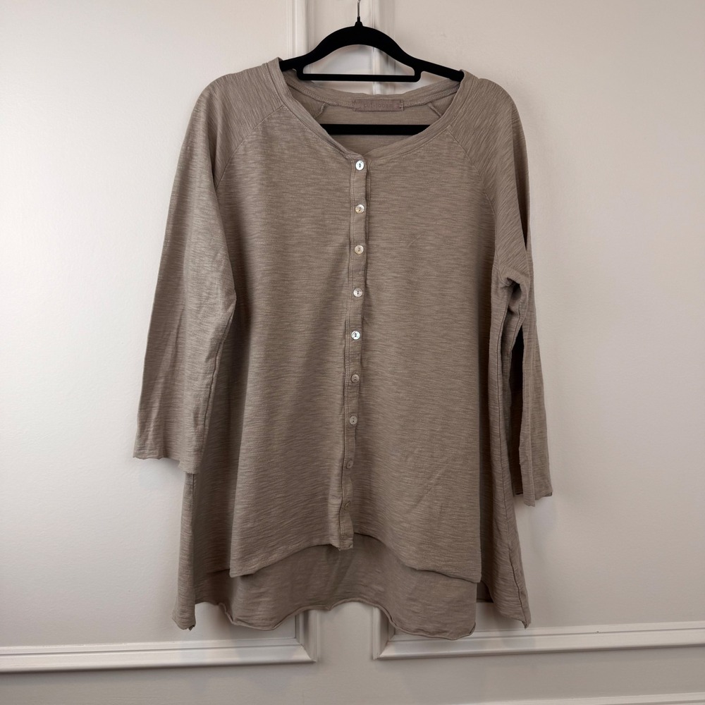 Cut Loose Taupe Slub Knit Button Front High Low Tunic Top Womens Medium